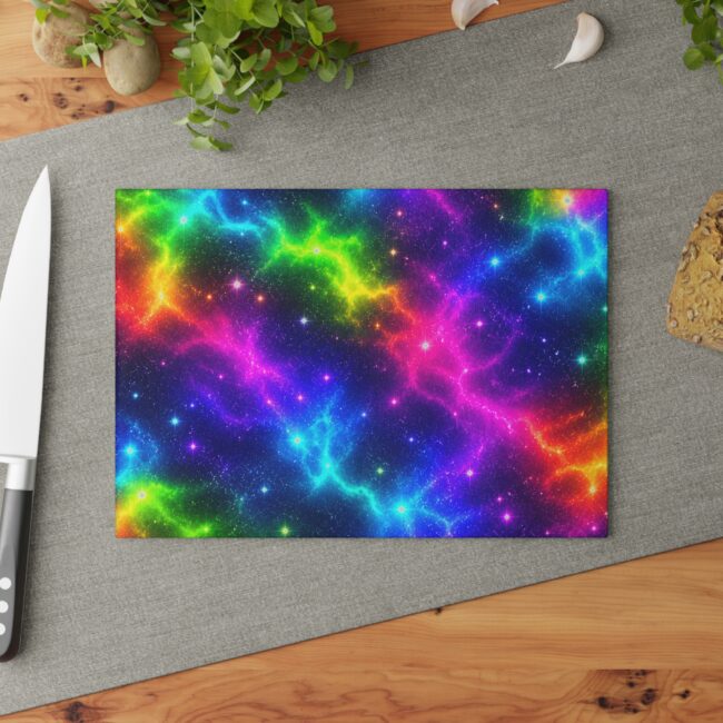 Rainbow Nebula Glass Cutting Board – Colorful Cosmic Kitchen Decor HAITIBEST